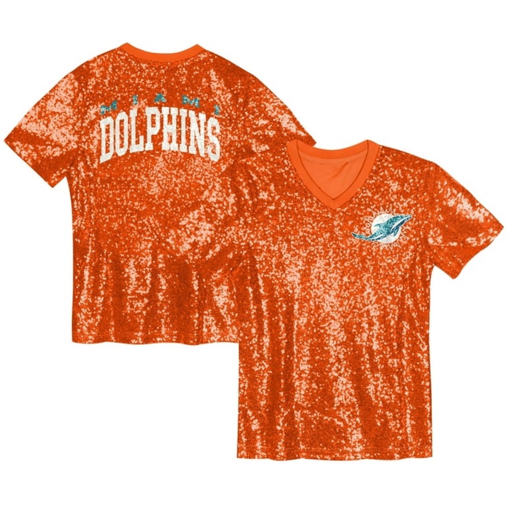 Miami Dolphins NFL‎ Orange Wordmark Sequin V-Neck Women's Top Shirt NWT Size XL